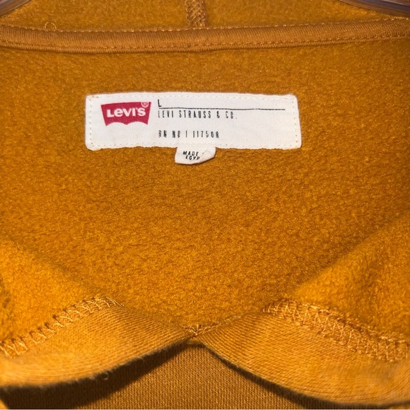 Levi’s Retro Vintage Big Letters Mustard Yellow Hoodie LG EUC Kangaroo Pkts EC - Picture 4 of 6